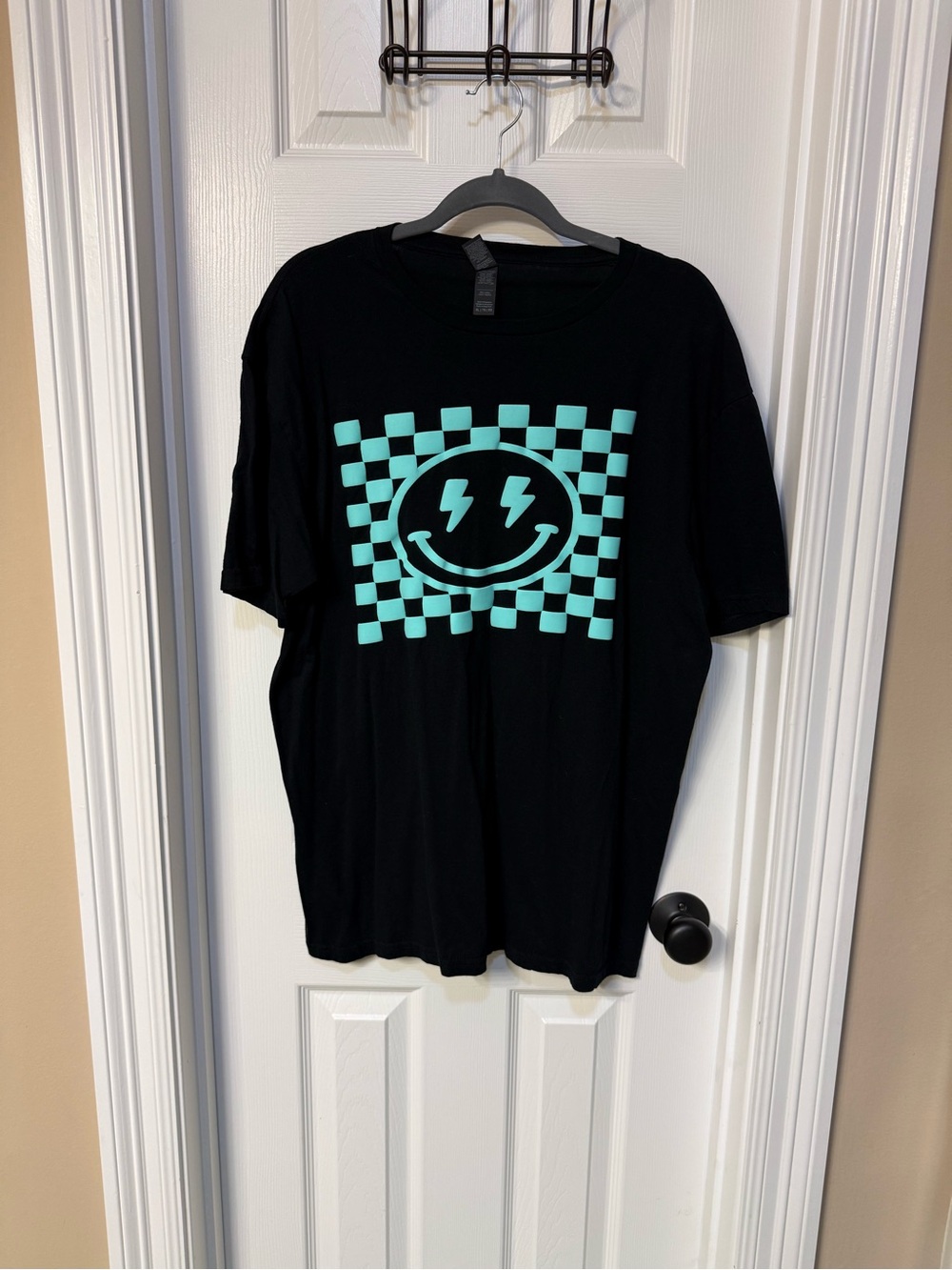 Black Graphic Tee with Teal Checker Smile